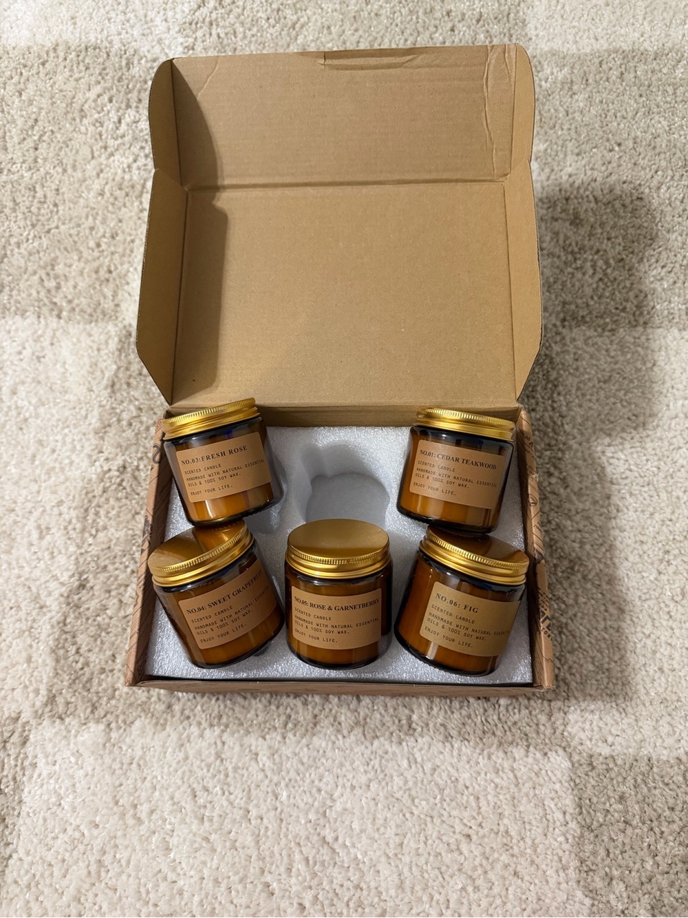 Set of 5 Amber Glass Scented Candles with Gold Lids - Assorted Scents